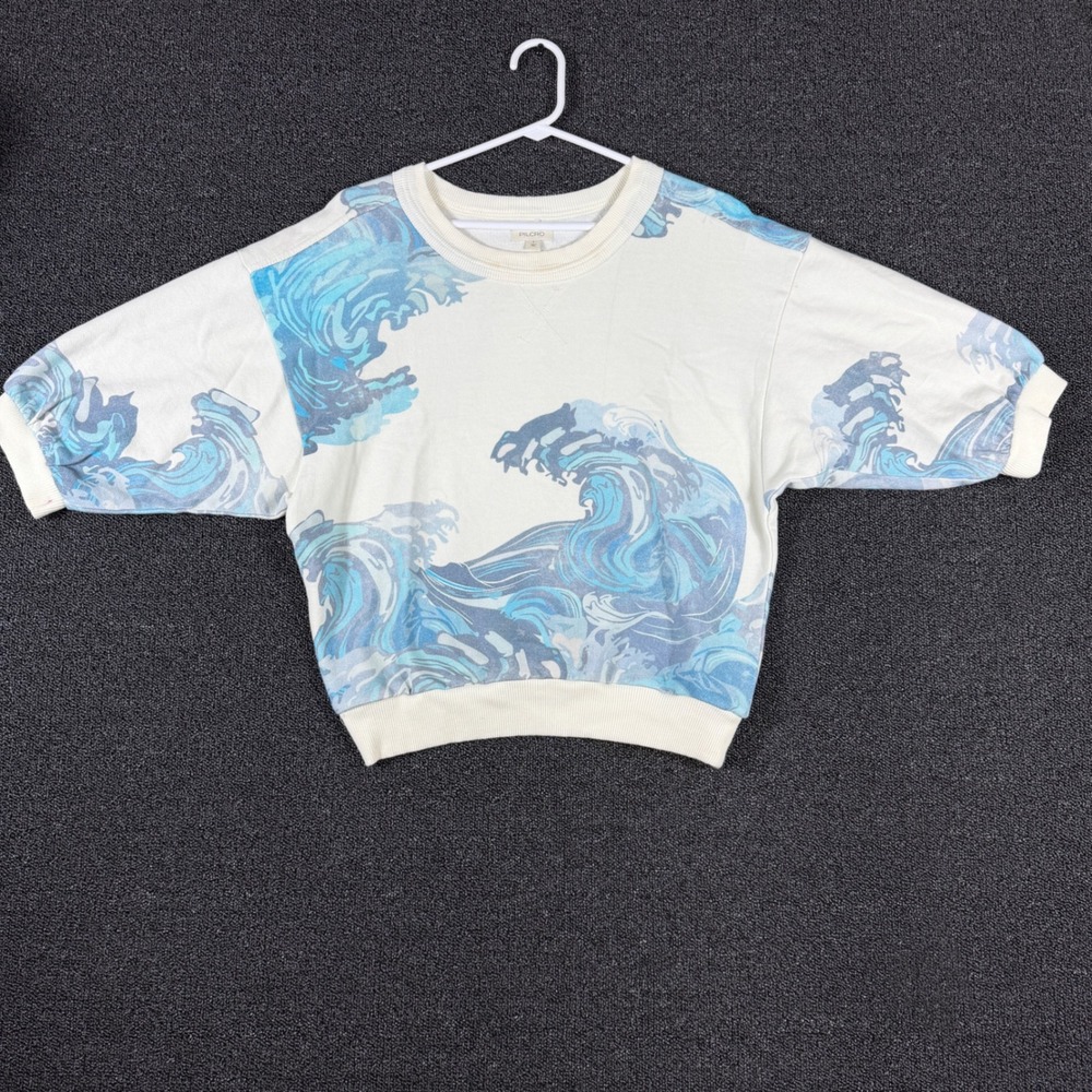 Pilcro Anthropologie Blue Wave All Over Print Short Sleeve Sweatshirt Cream S